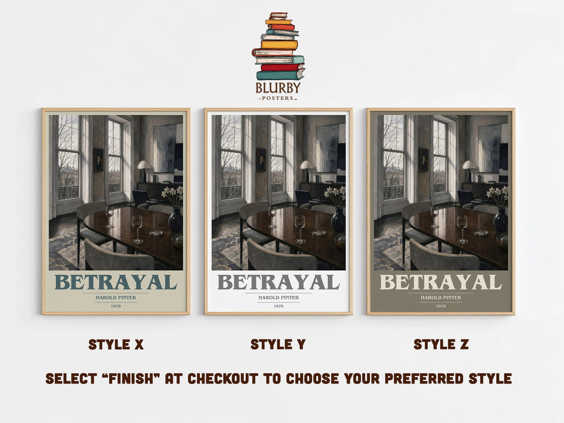Betrayal book cover print in frame leaning in hallway – literary fiction wall art (mockup)