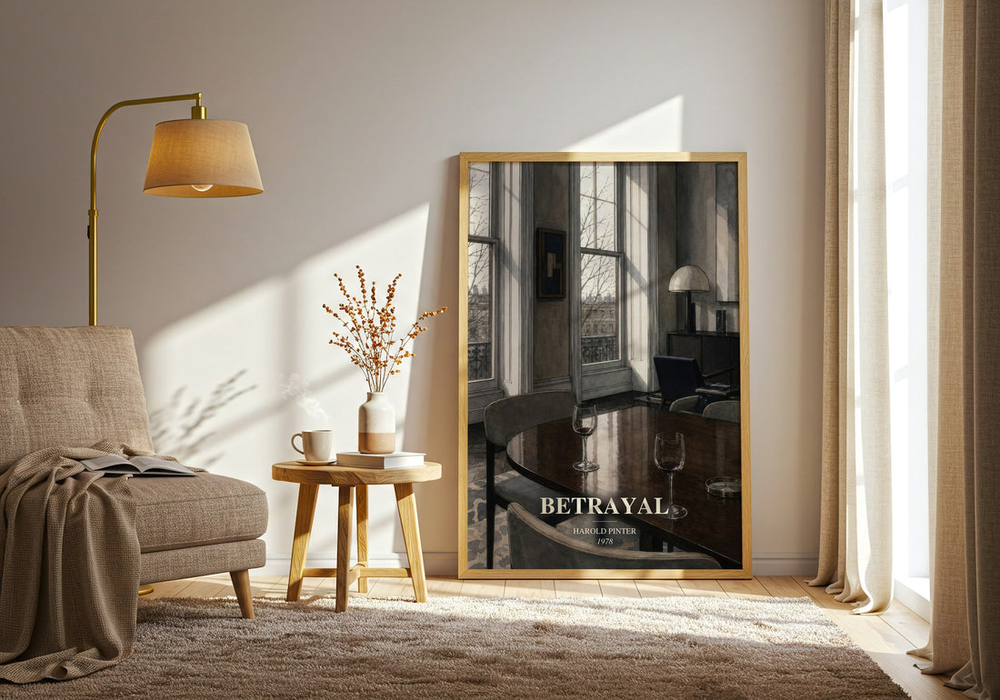 Betrayal watercolour print in frame leaning in hallway – literary fiction wall art