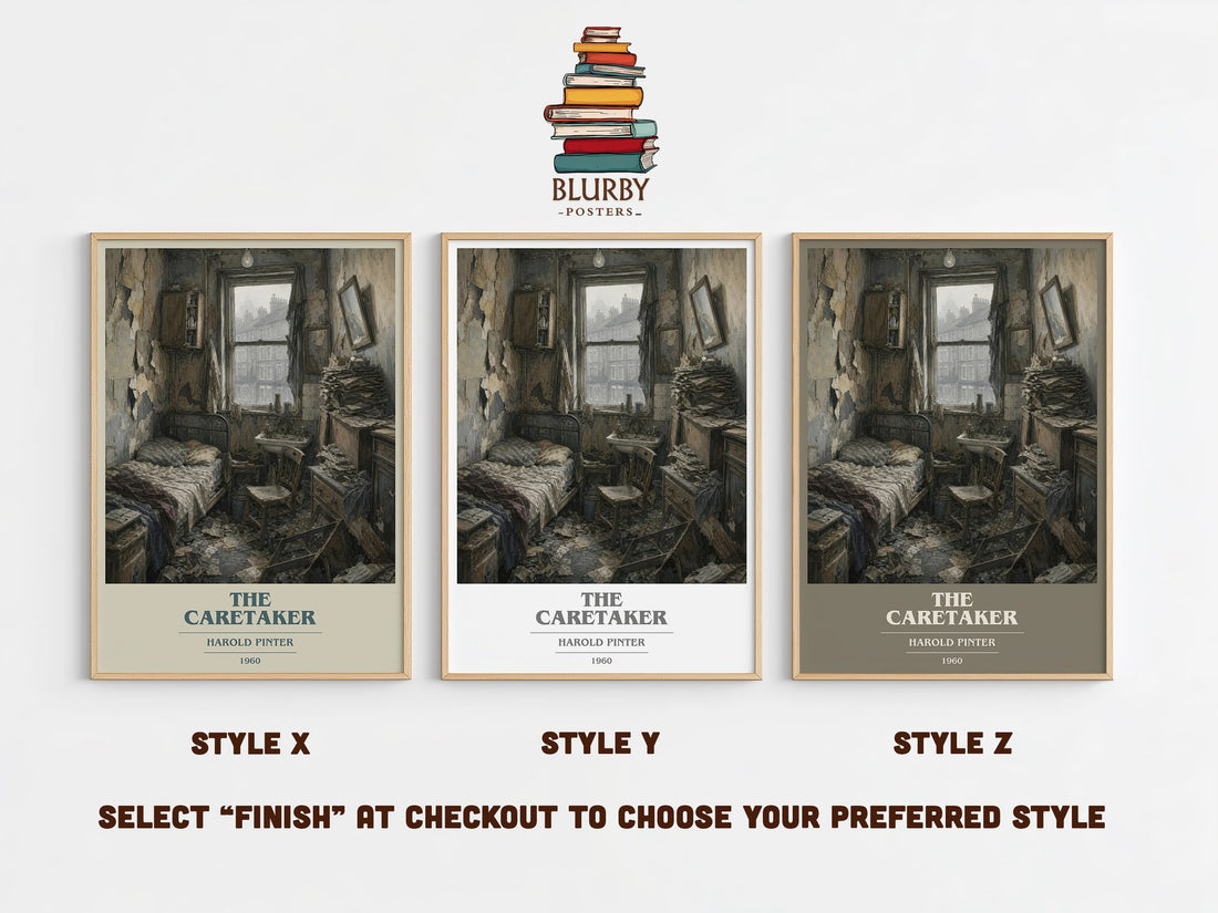 The caretaker book cover print in frame leaning in hallway – literary fiction wall art (mockup)