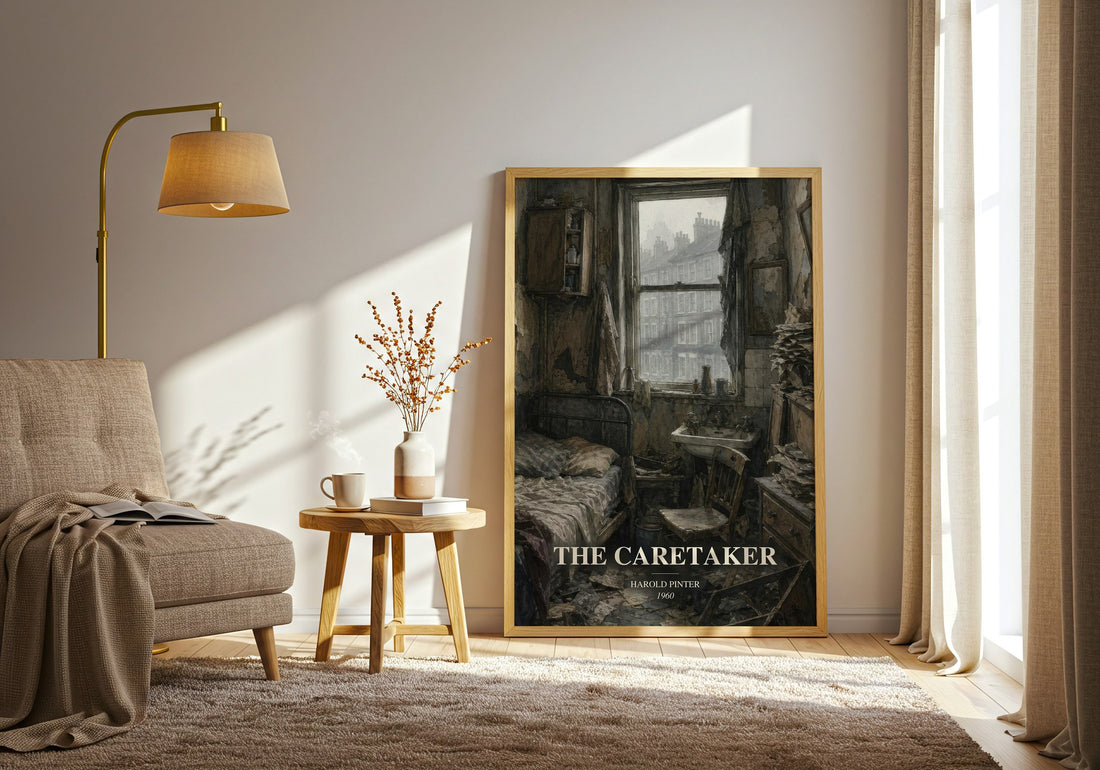 The caretaker watercolour print in frame leaning in hallway – literary fiction wall art