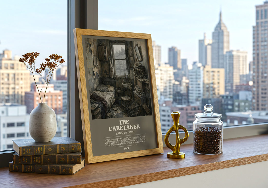 The caretaker bookish print framed by window – literary home decor