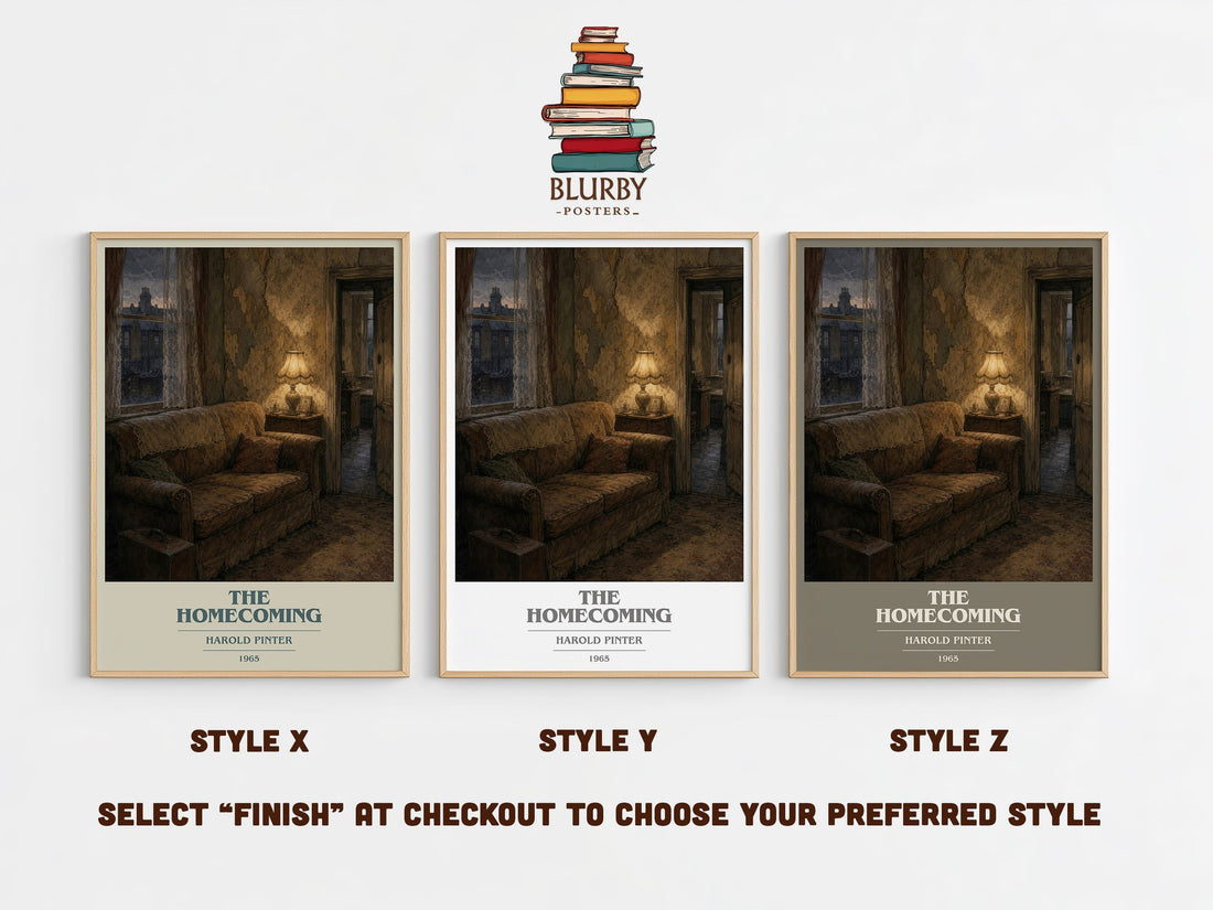 The homecoming book cover print in frame leaning in hallway – literary fiction wall art (mockup)