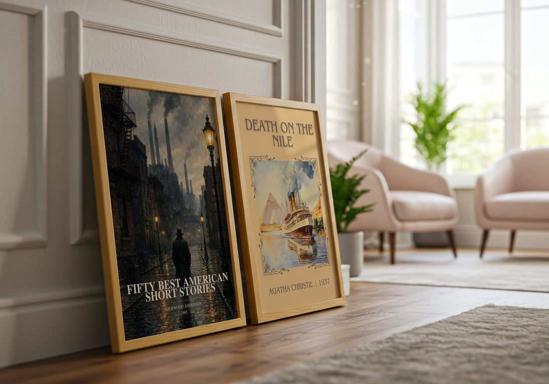 Fifty Best American Short Stories watercolour print framed by window – literary home decor