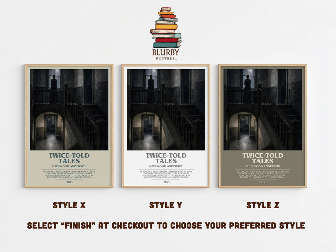 Twice-Told Tales bookish print in frame leaning in hallway – literary fiction wall art (mockup)