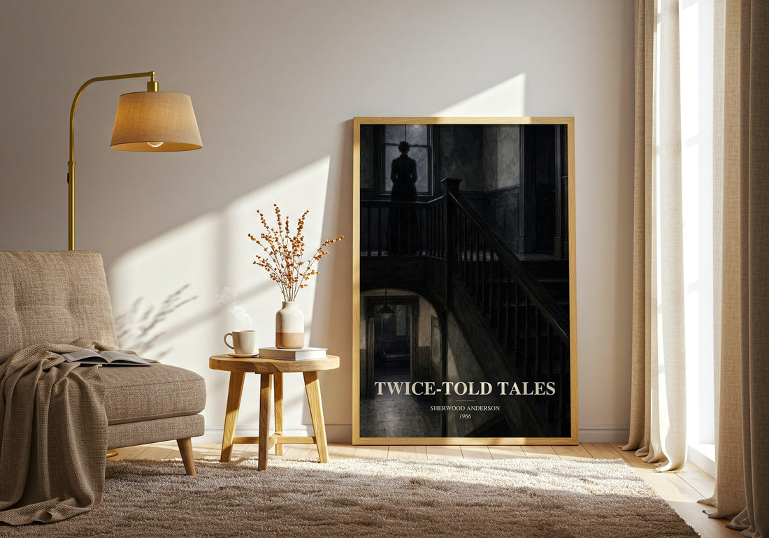 Twice-Told Tales watercolour print in frame leaning in hallway – literary fiction wall art