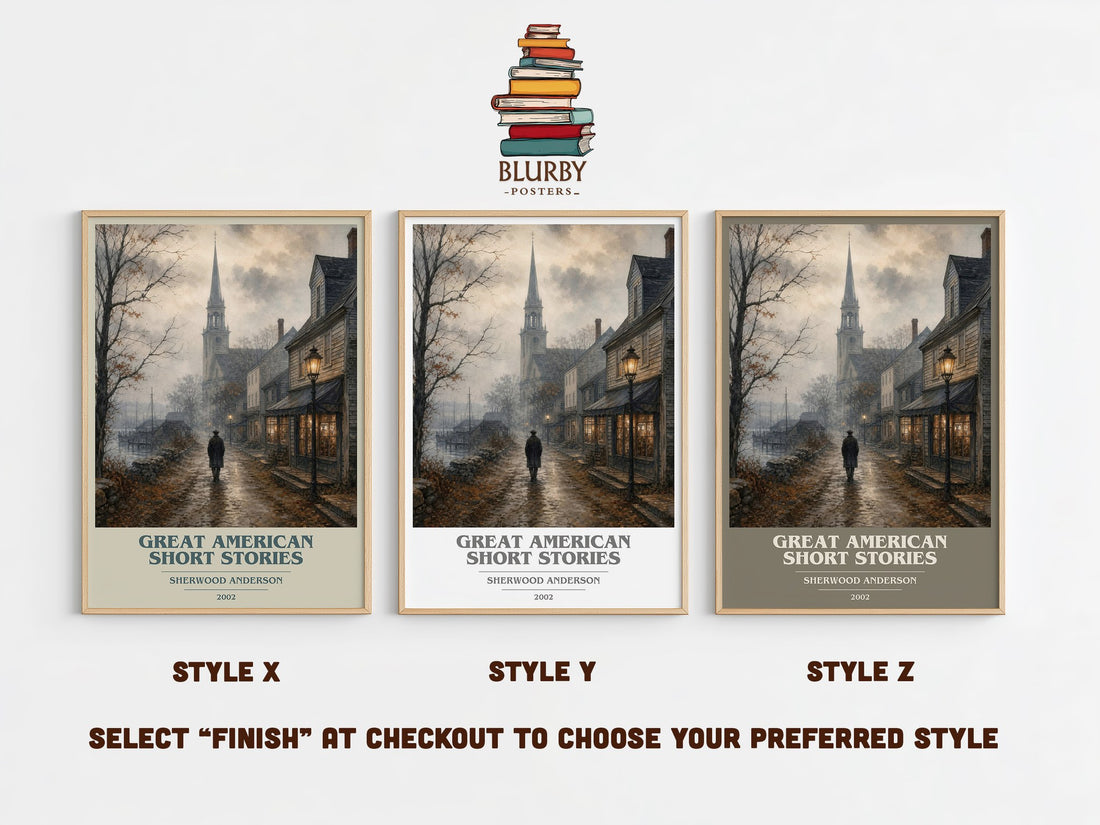 Great American Short Stories book cover print in frame leaning in hallway – literary fiction wall art (mockup)