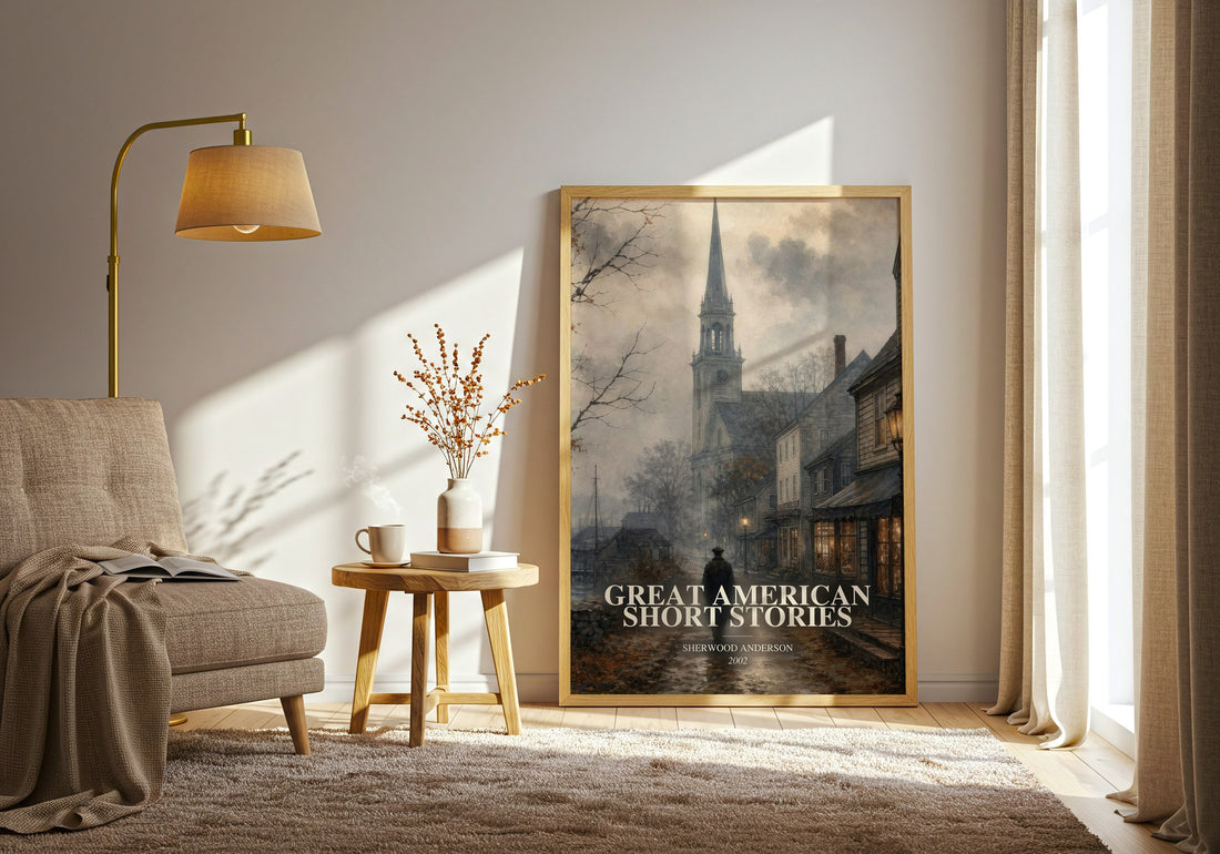 Great American Short Stories watercolour print in frame leaning in hallway – literary fiction wall art