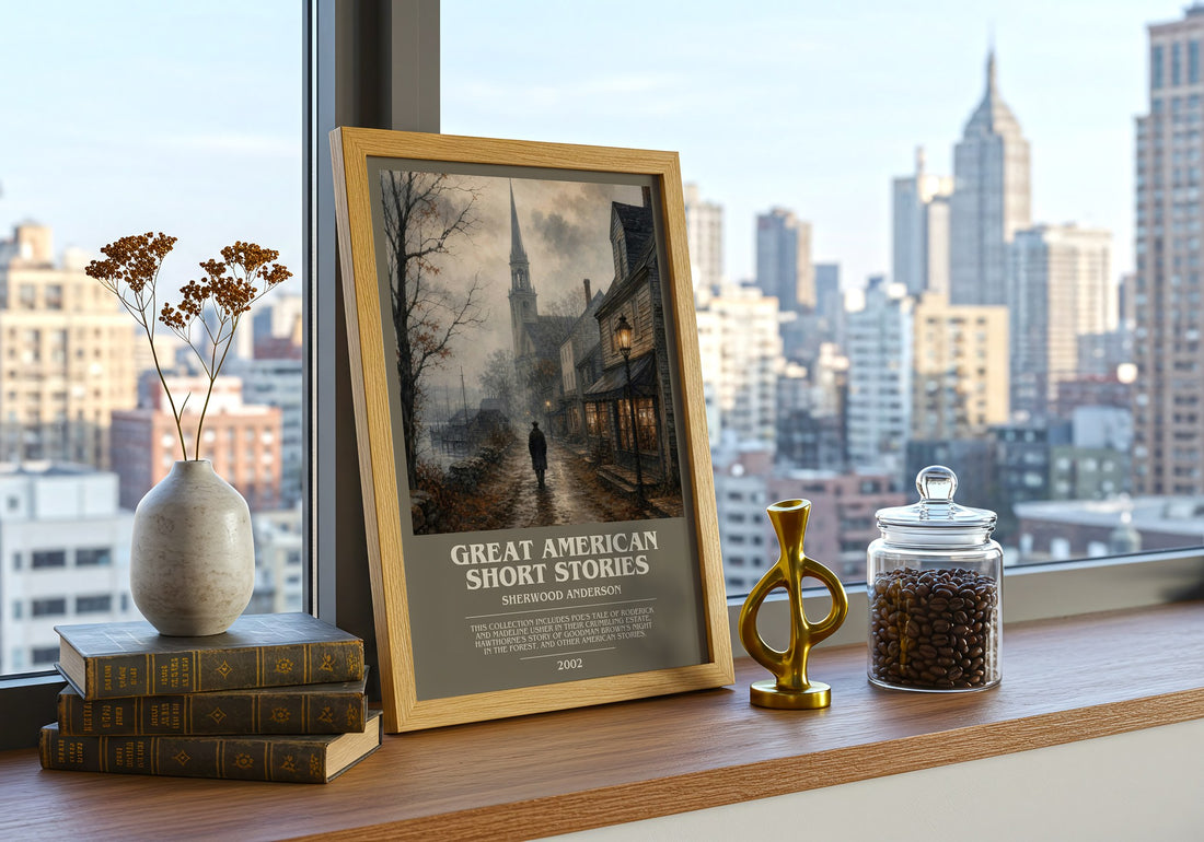 Great American Short Stories bookish print framed by window – literary home decor