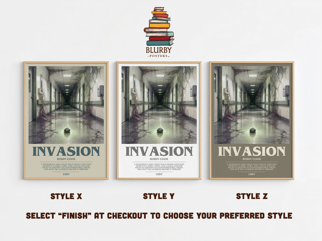 Invasion bookish print in frame leaning in hallway – sci fi wall art (mockup)