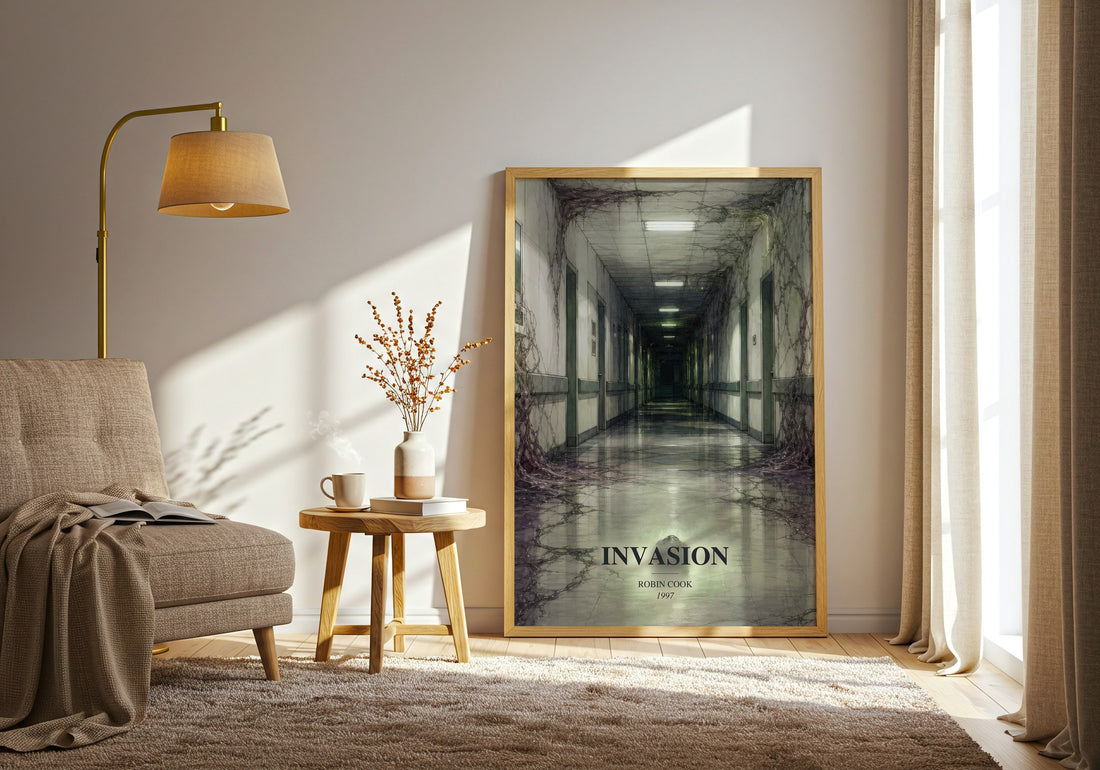 Invasion watercolour print in frame leaning in hallway – sci fi wall art