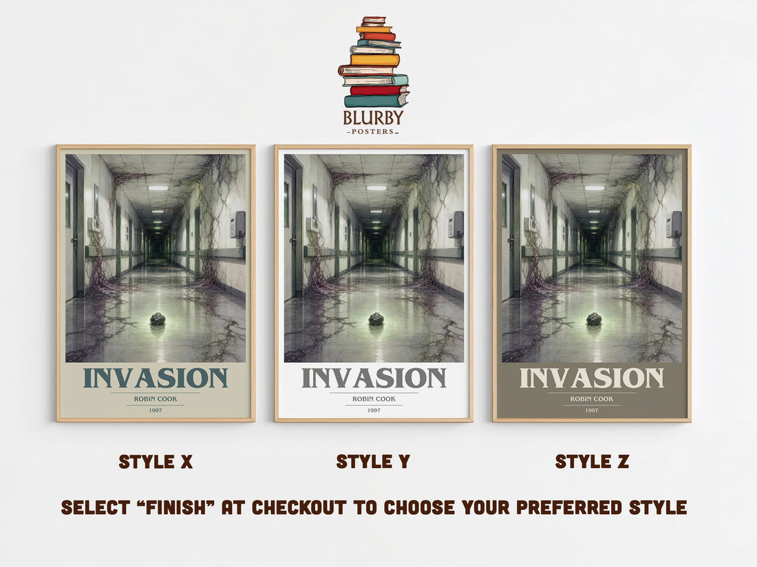 Invasion book cover print in frame leaning in hallway – sci fi wall art (mockup)