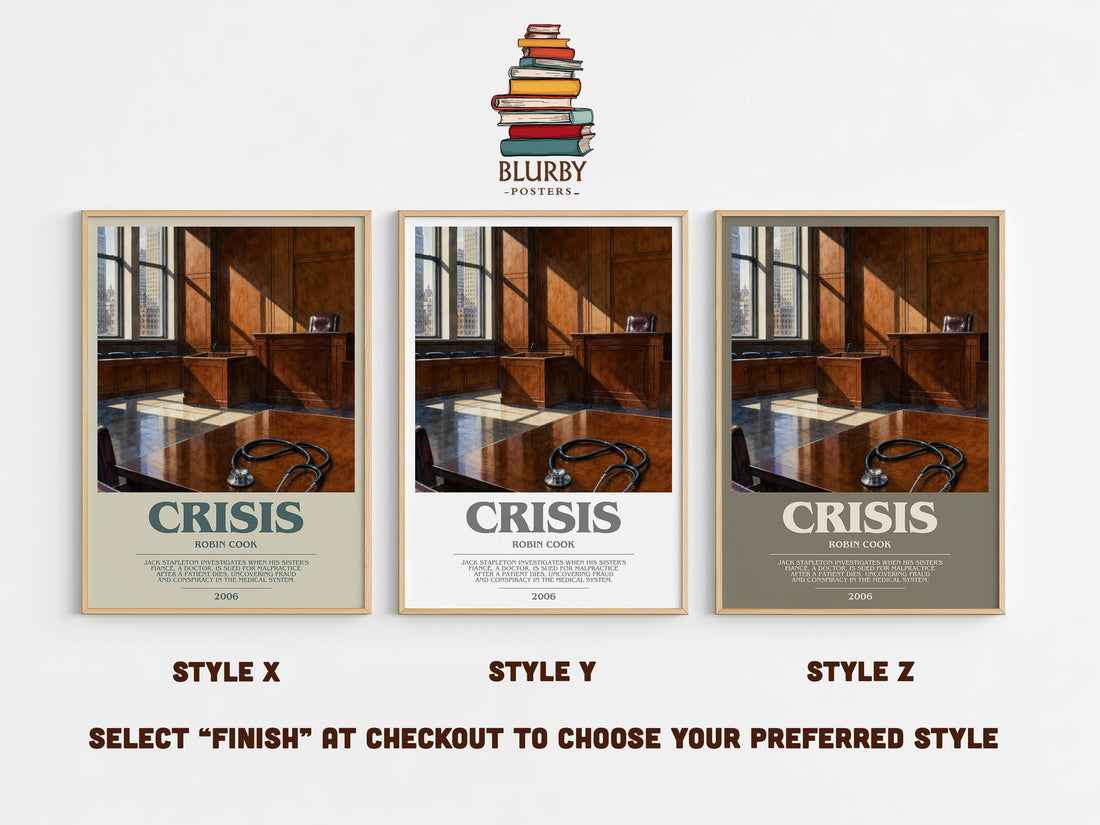 Crisis bookish print in frame leaning in hallway – thriller wall art (mockup)
