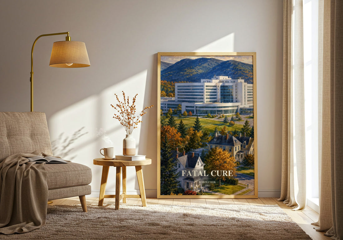 Fatal Cure watercolour print in frame leaning in hallway – thriller wall art