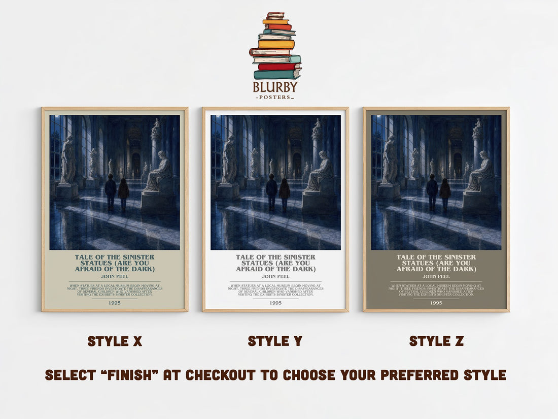Tale of the Sinister Statues (Are You Afraid of the Dark) bookish print in frame leaning in hallway – childrens wall art (mockup)