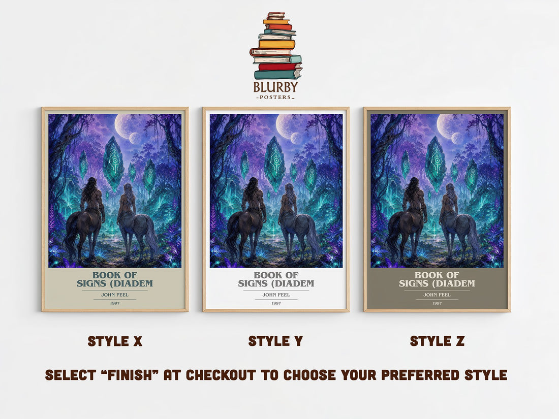 Book of Signs (Diadem book cover print in frame leaning in hallway – sci fi wall art (mockup)