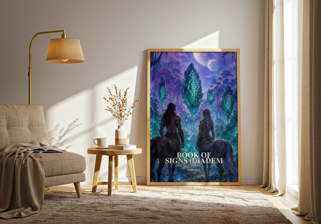 Book of Signs (Diadem watercolour print in frame leaning in hallway – sci fi wall art