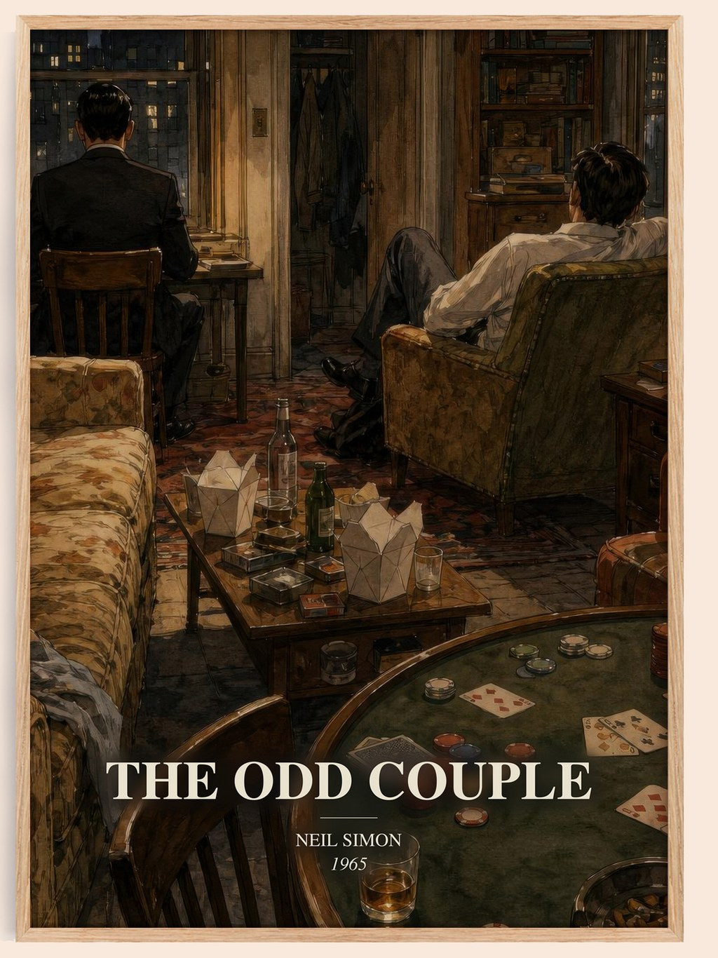 The odd couple watercolour book poster by Neil Simon – framed literary art print