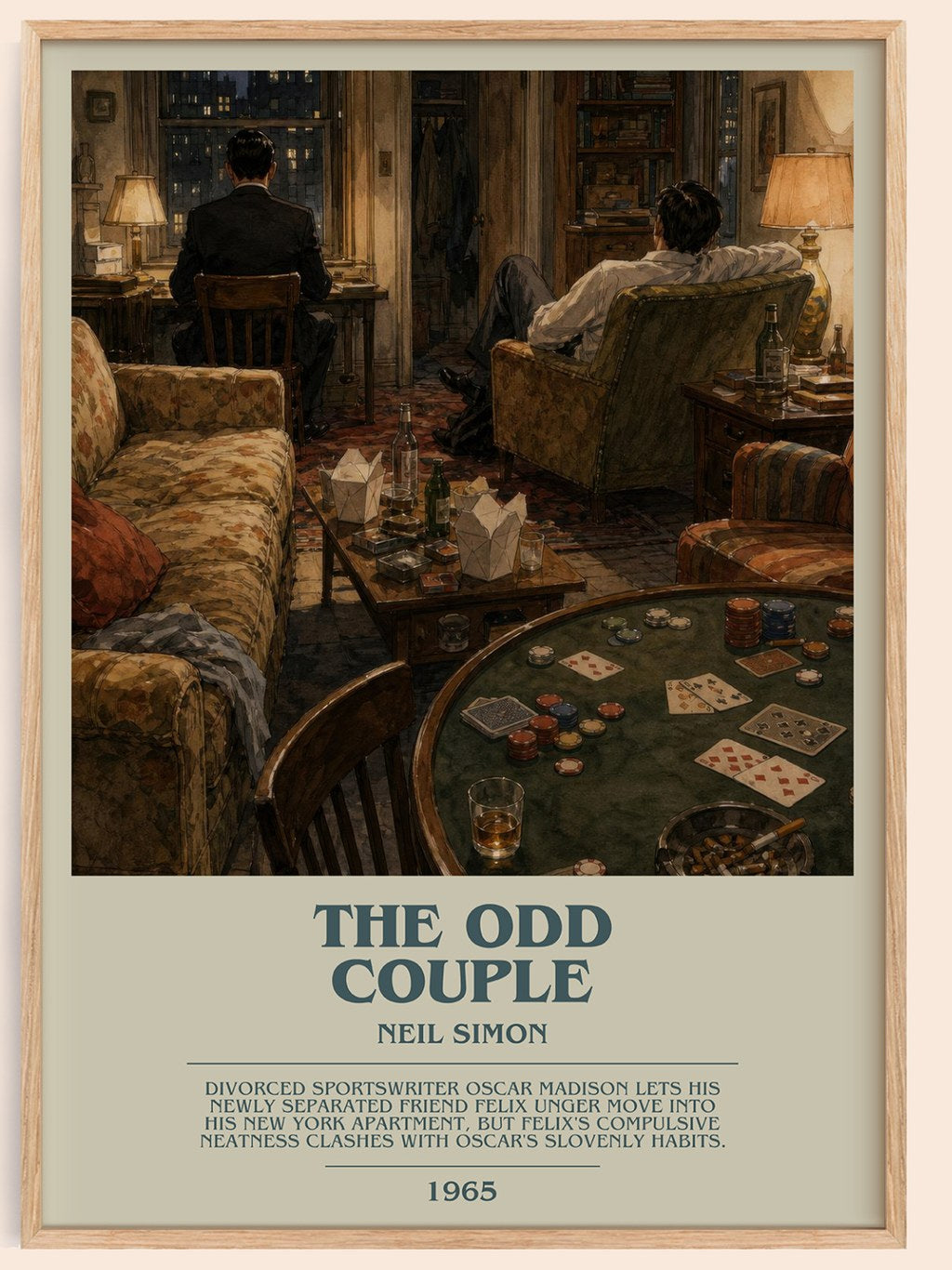 The odd couple bookish book poster by Neil Simon – framed literary art print