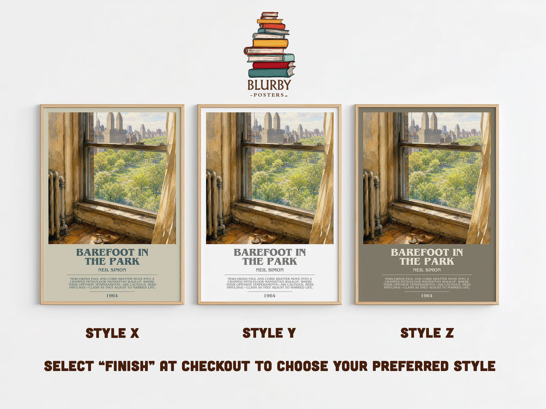 Barefoot in the park bookish print in frame leaning in hallway – contemporary fiction wall art (mockup)