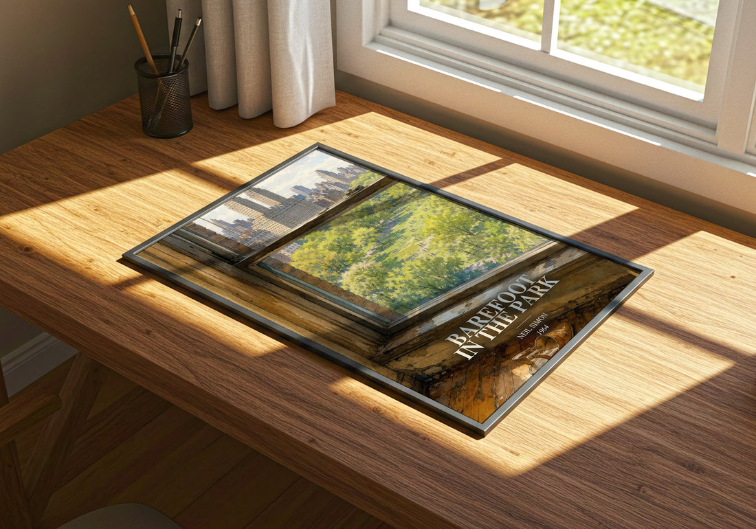Barefoot in the park watercolour book poster framed on wall – contemporary fiction wall art