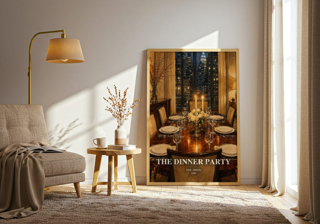 The Dinner Party watercolour print in frame leaning in hallway – contemporary fiction wall art