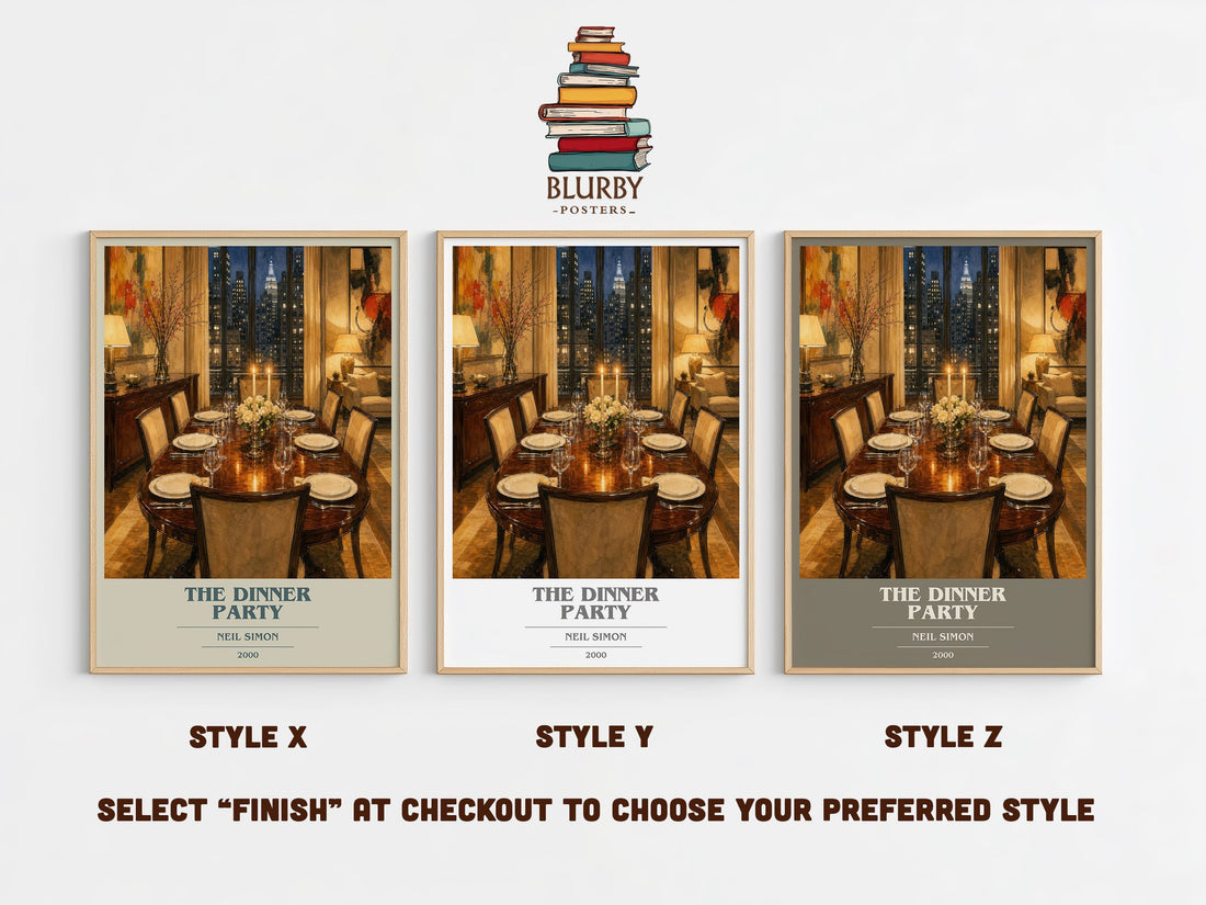The Dinner Party book cover print in frame leaning in hallway – contemporary fiction wall art (mockup)