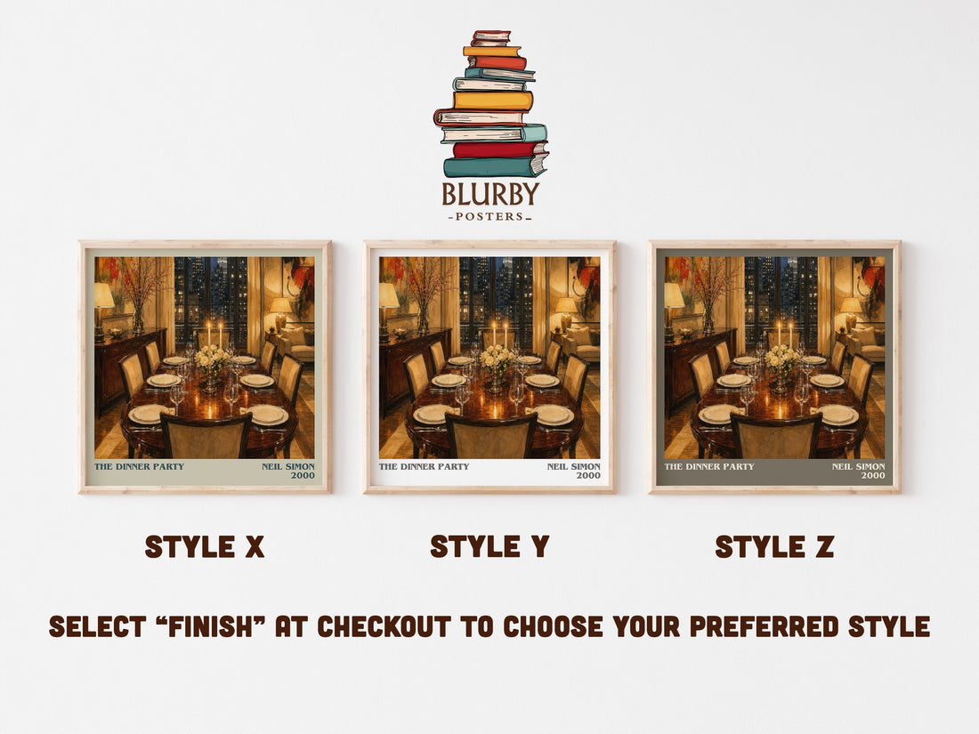 The Dinner Party literary print in frame leaning in hallway – contemporary fiction wall art (mockup)