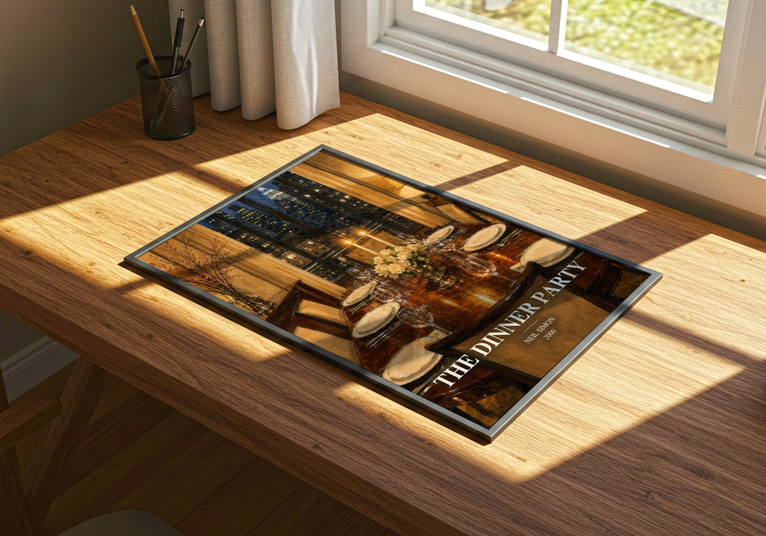 The Dinner Party watercolour book poster framed on wall – contemporary fiction wall art