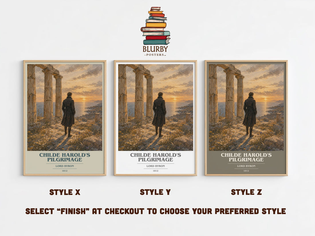 Childe Harold's pilgrimage book cover print in frame leaning in hallway – poetry wall art (mockup)