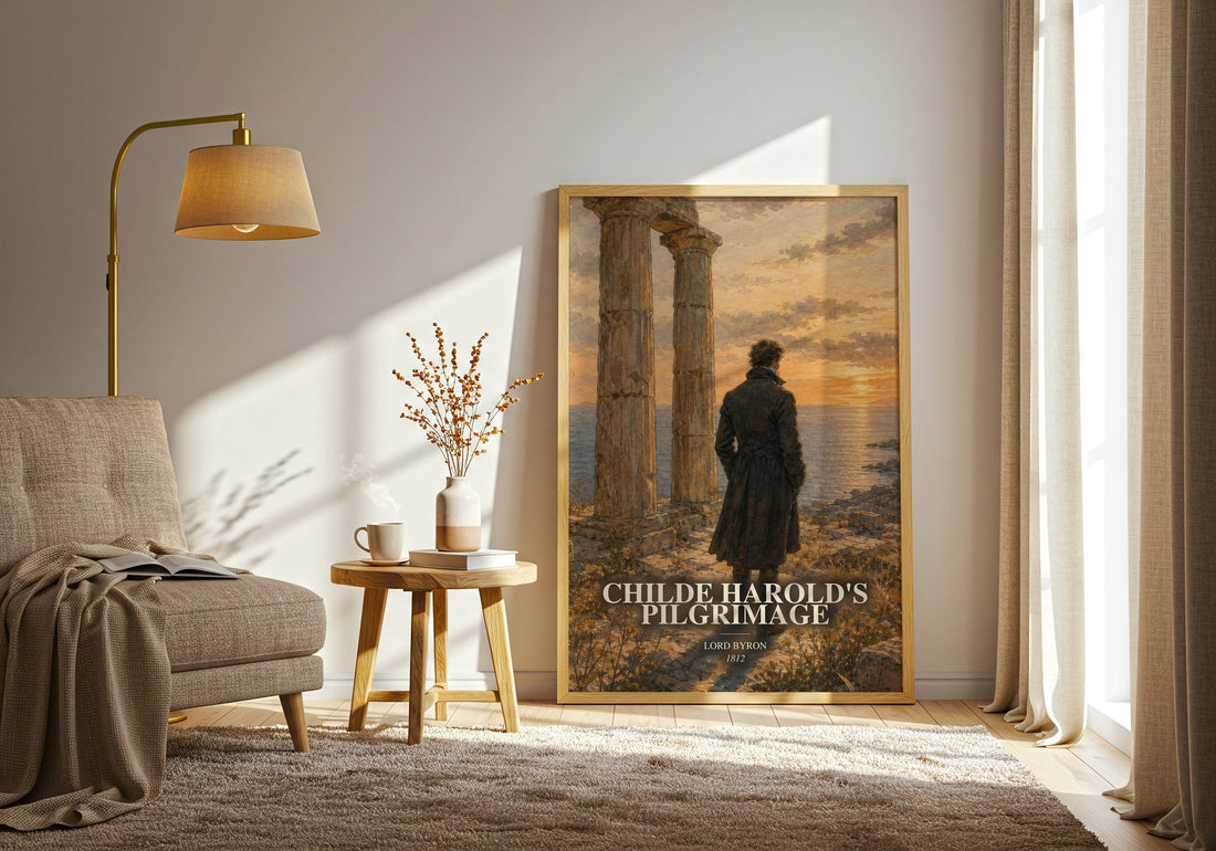 Childe Harold's pilgrimage watercolour print in frame leaning in hallway – poetry wall art