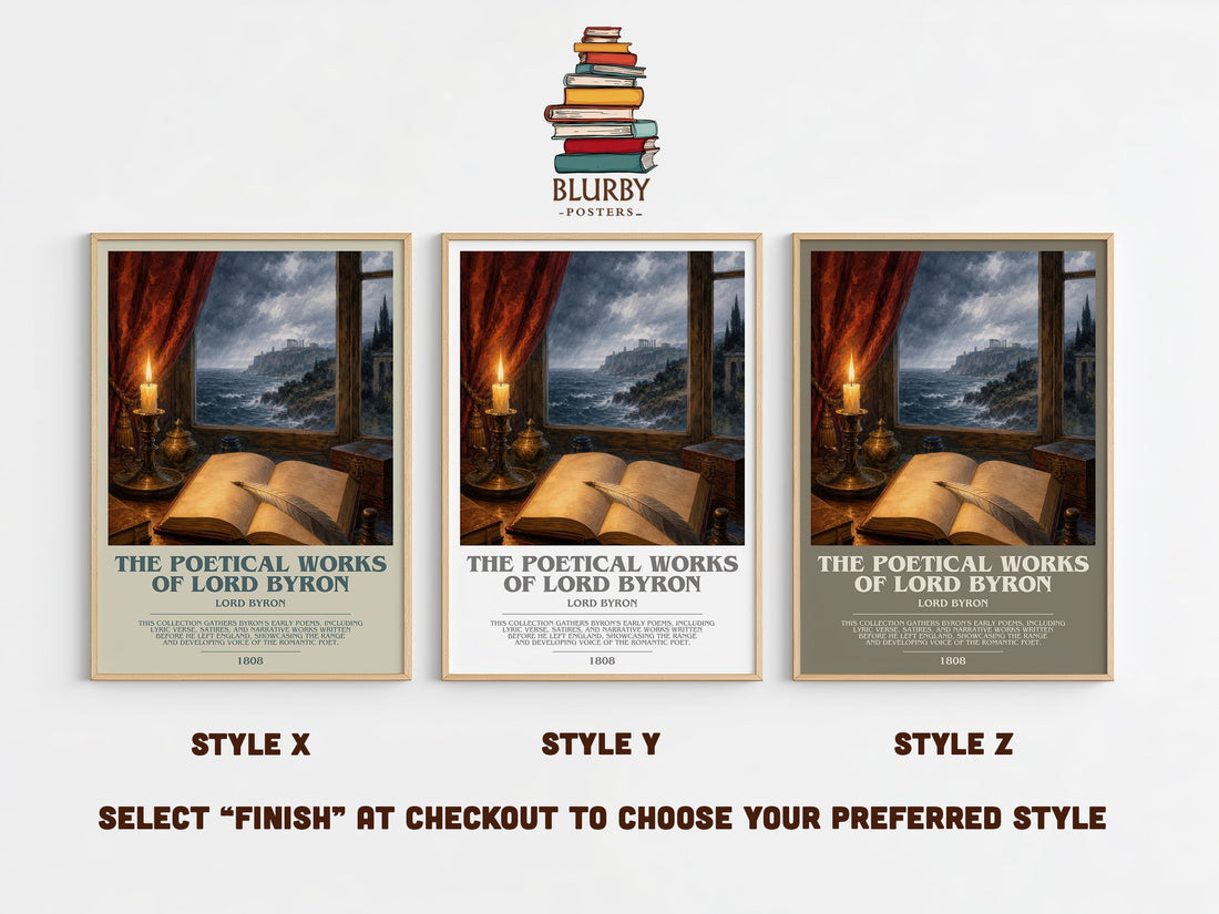 The poetical works of Lord Byron bookish print in frame leaning in hallway – poetry wall art (mockup)