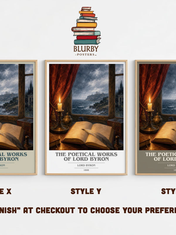 The poetical works of Lord Byron book cover print in frame leaning in hallway – poetry wall art