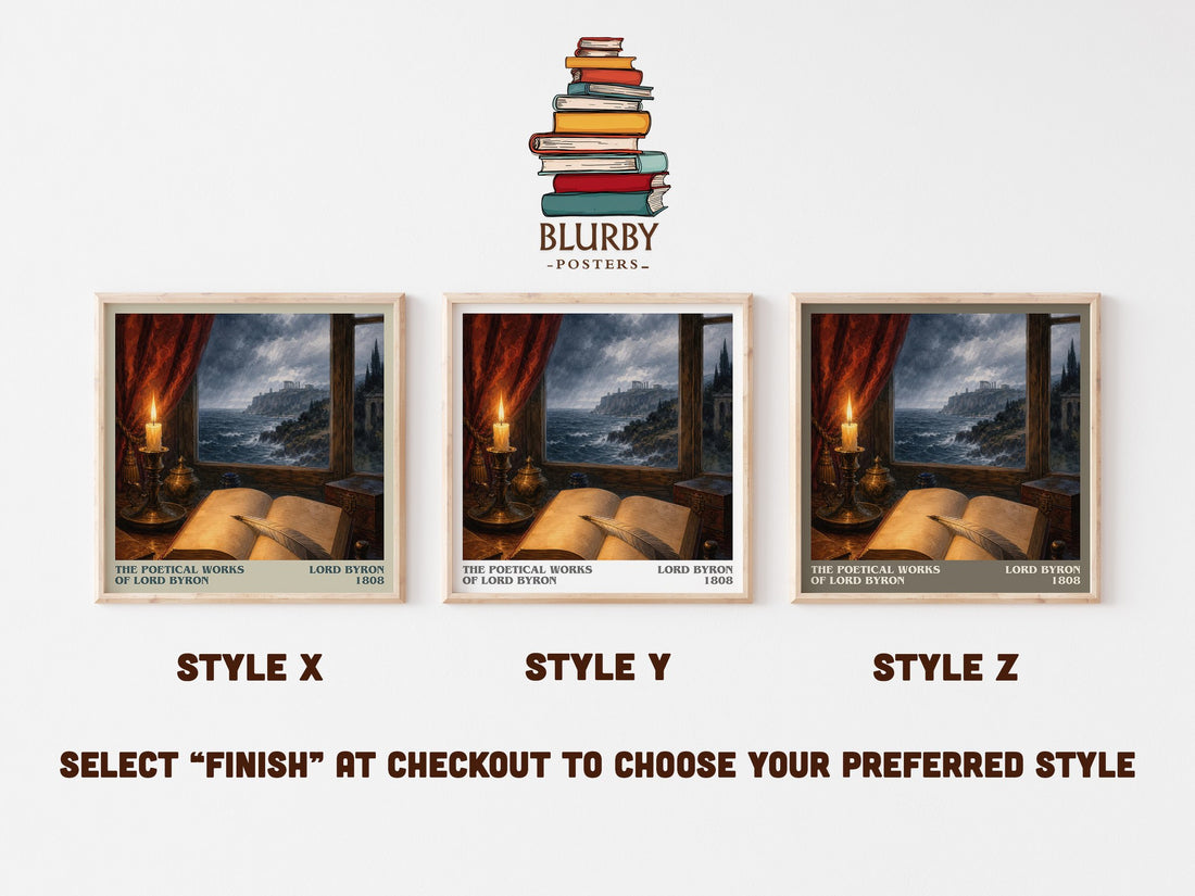 The poetical works of Lord Byron literary print in frame leaning in hallway – poetry wall art (mockup)