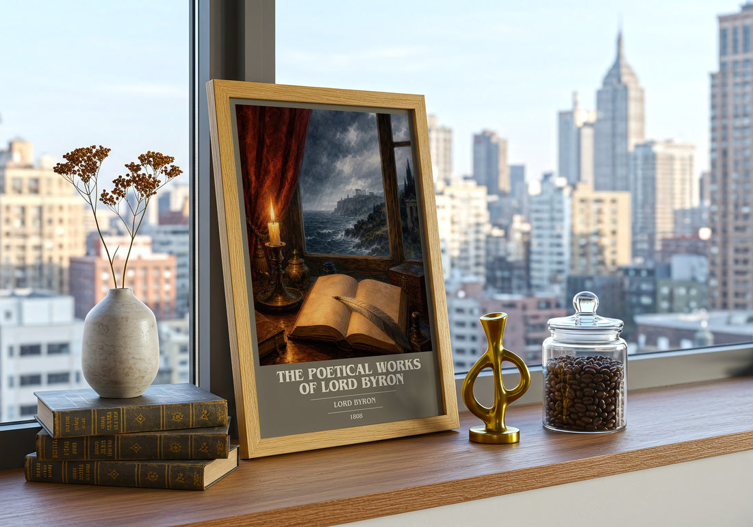 The poetical works of Lord Byron book cover print framed by window – literary home decor