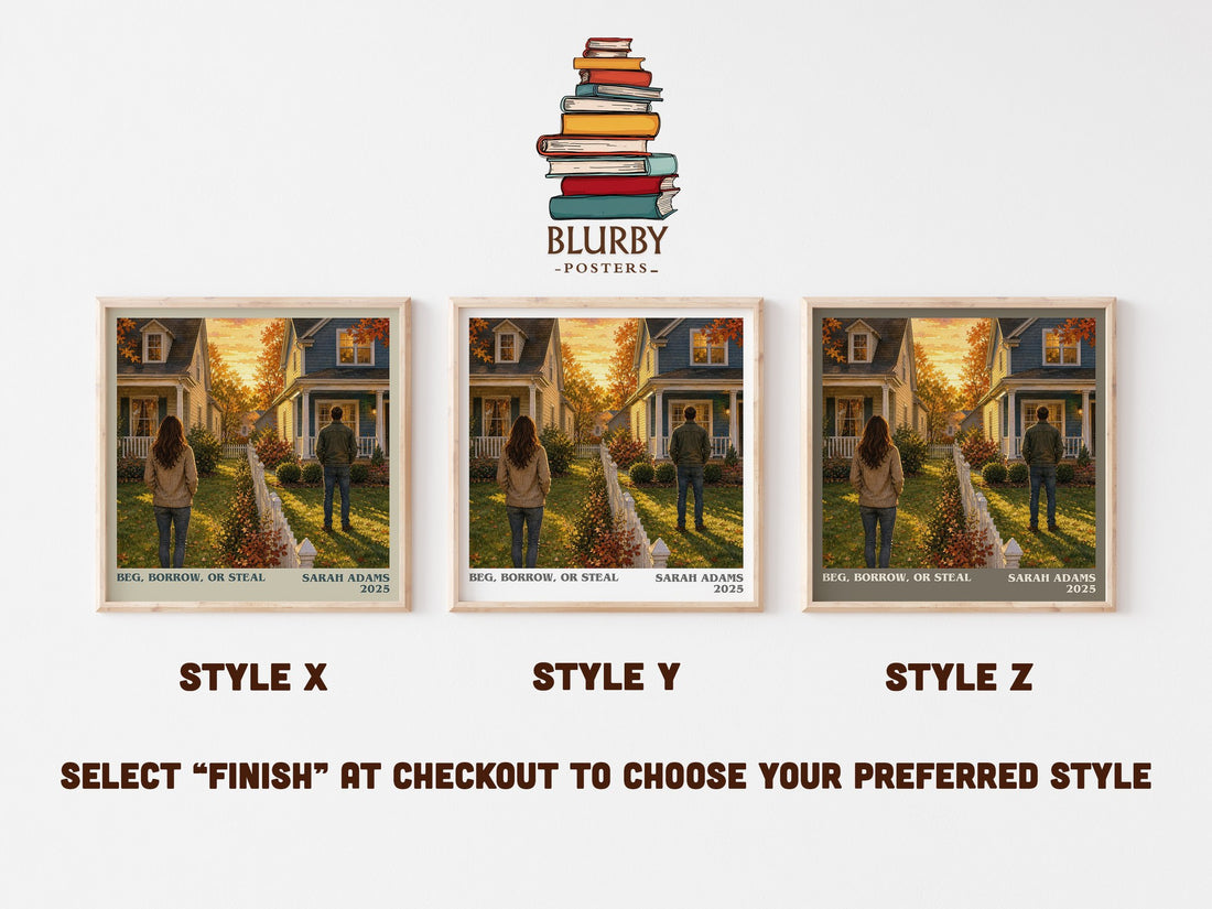 Beg, Borrow, or Steal literary print in frame leaning in hallway – romance wall art (mockup)