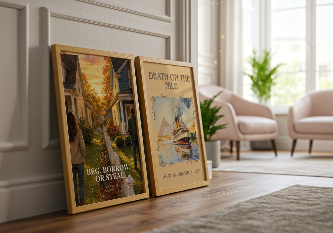 Beg, Borrow, or Steal watercolour print framed by window – literary home decor