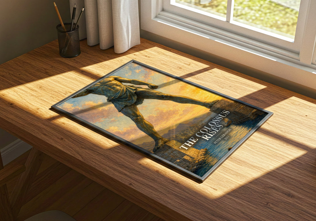 The colossus rises watercolour book poster framed on wall – young adult wall art