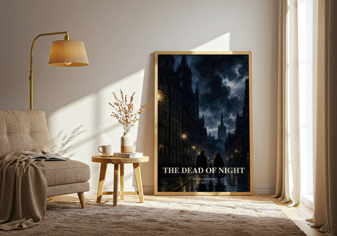The Dead of Night watercolour print in frame leaning in hallway – dystopian wall art