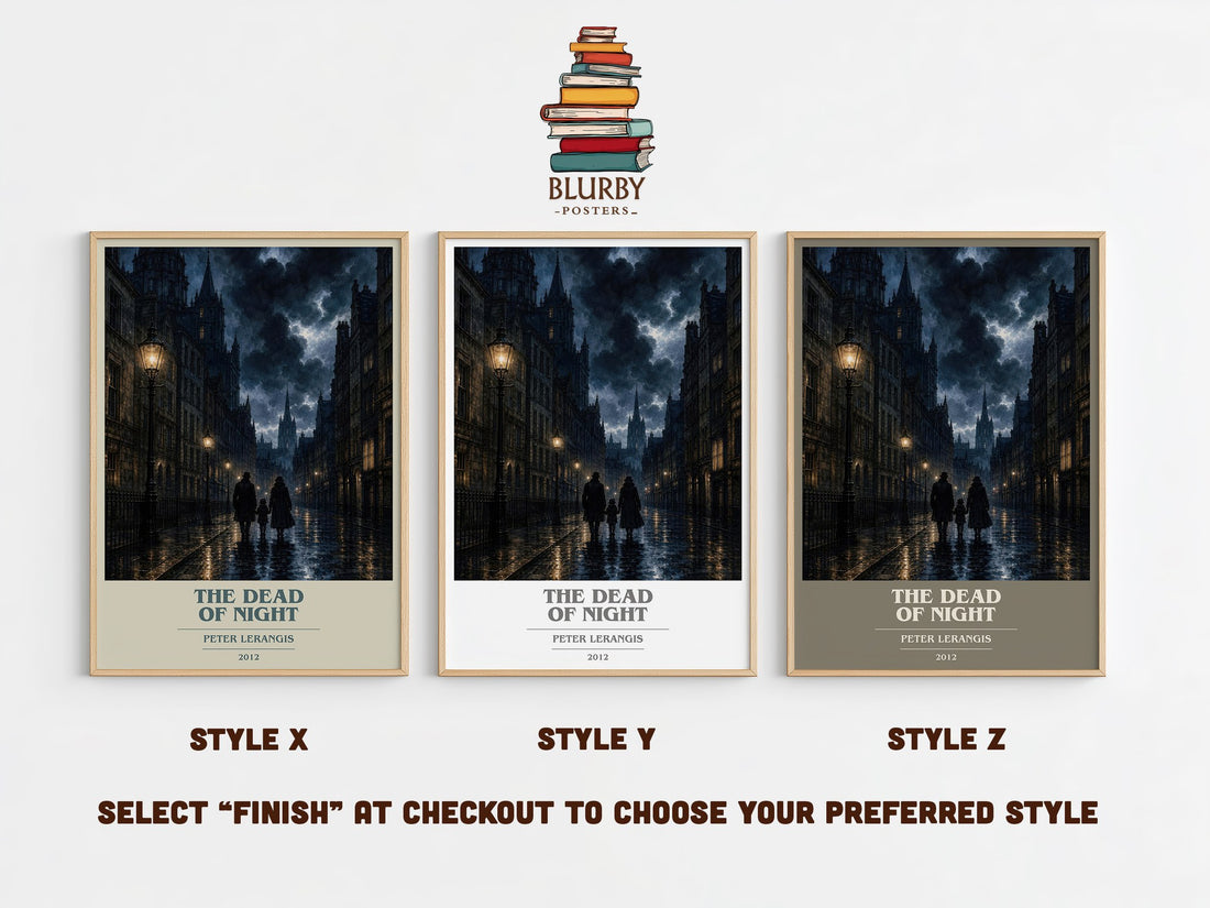 The Dead of Night book cover print in frame leaning in hallway – dystopian wall art (mockup)