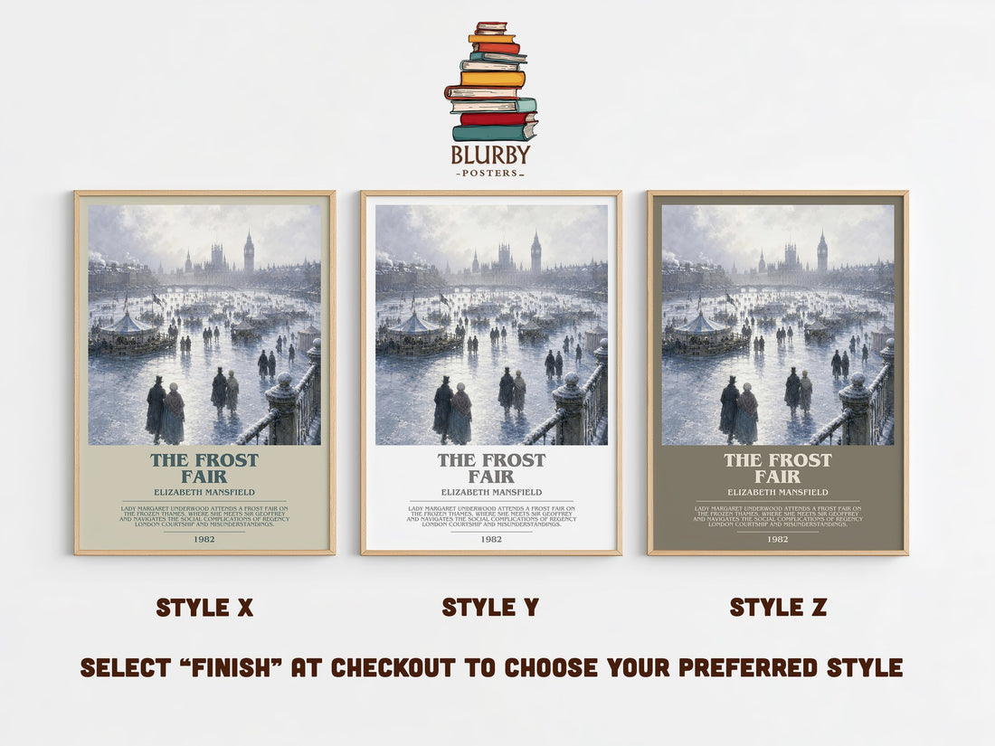 The Frost Fair bookish print in frame leaning in hallway – romance wall art (mockup)