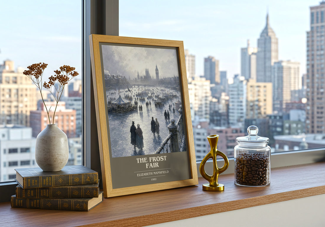 The Frost Fair book cover print framed by window – literary home decor