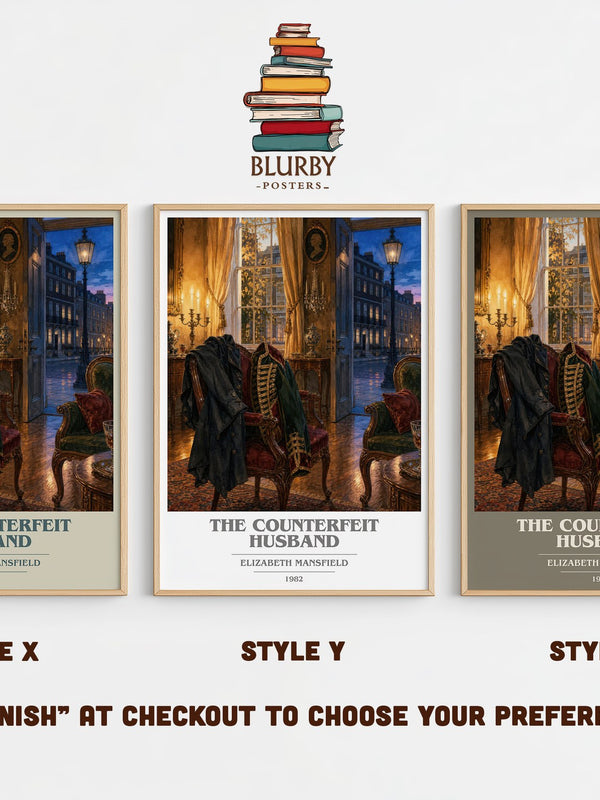 The Counterfeit Husband book cover print in frame leaning in hallway – romance wall art