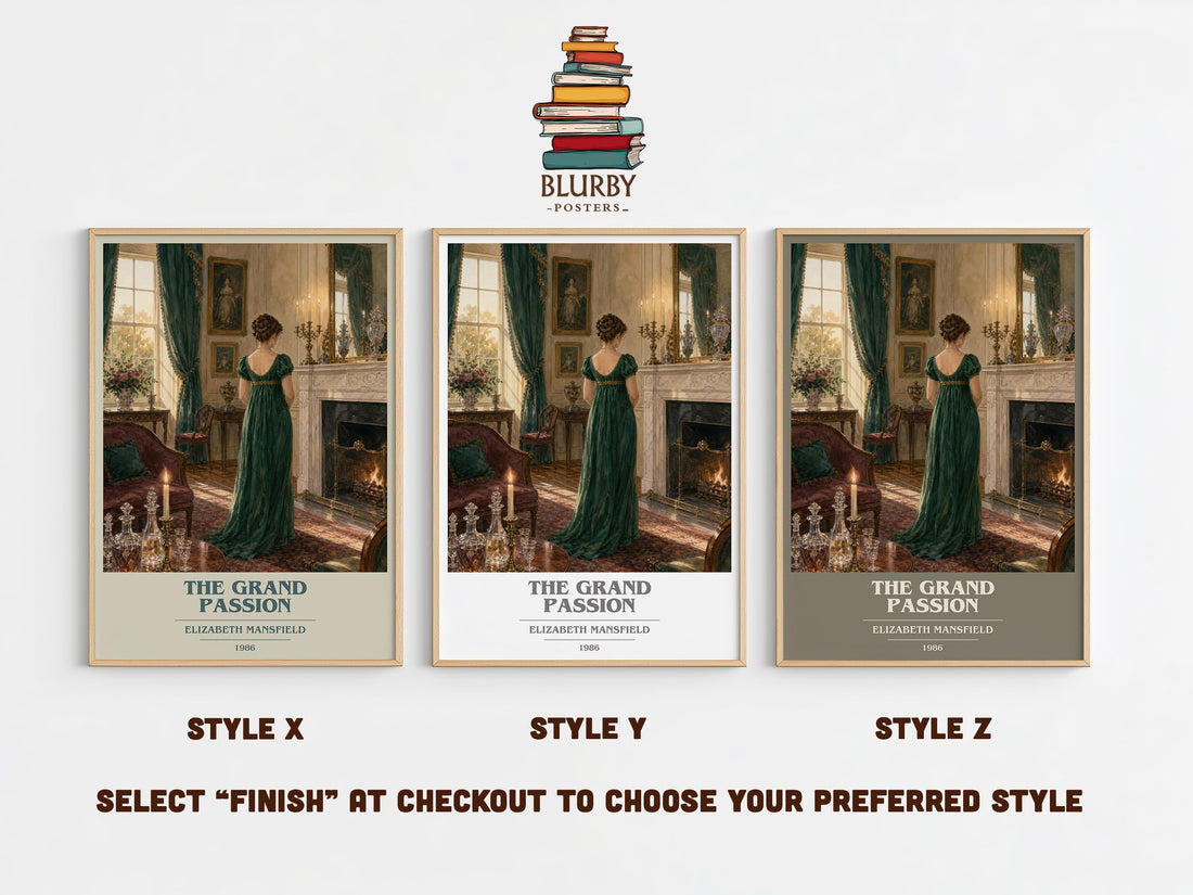 The Grand Passion book cover print in frame leaning in hallway – romance wall art (mockup)