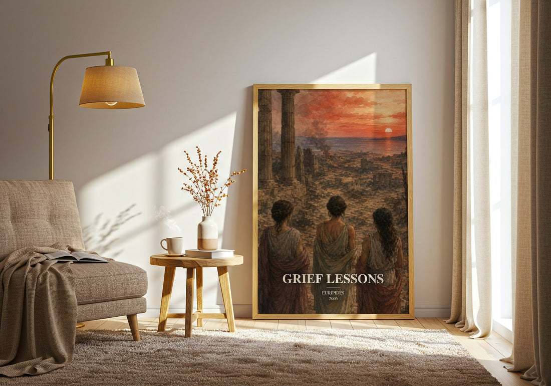Grief Lessons watercolour print in frame leaning in hallway – classic literature wall art