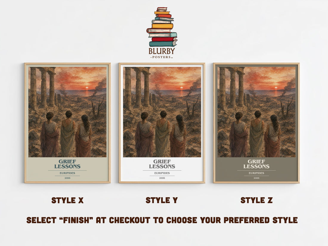 Grief Lessons book cover print in frame leaning in hallway – classic literature wall art (mockup)