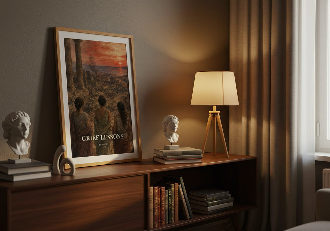 Grief Lessons watercolour print on bookshelf – Euripides fan gift