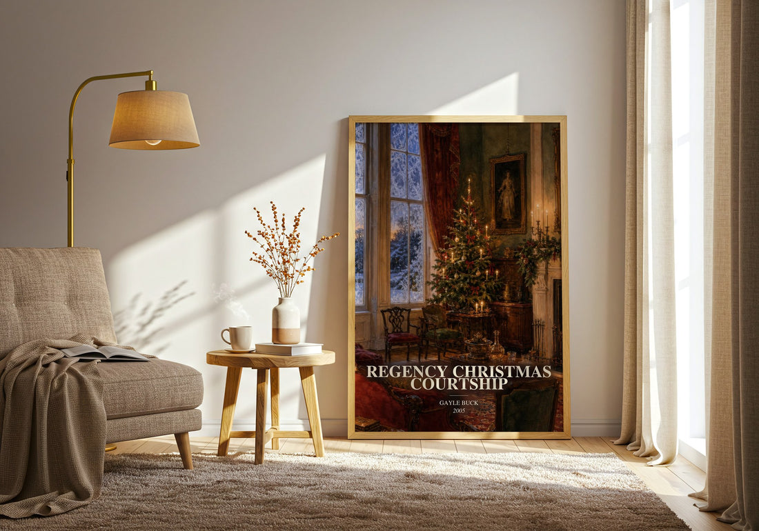 Regency Christmas Courtship watercolour print in frame leaning in hallway – romance wall art