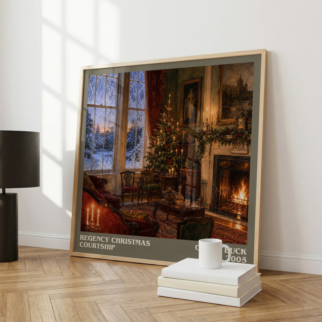 Regency Christmas Courtship literary print framed by window – literary home decor