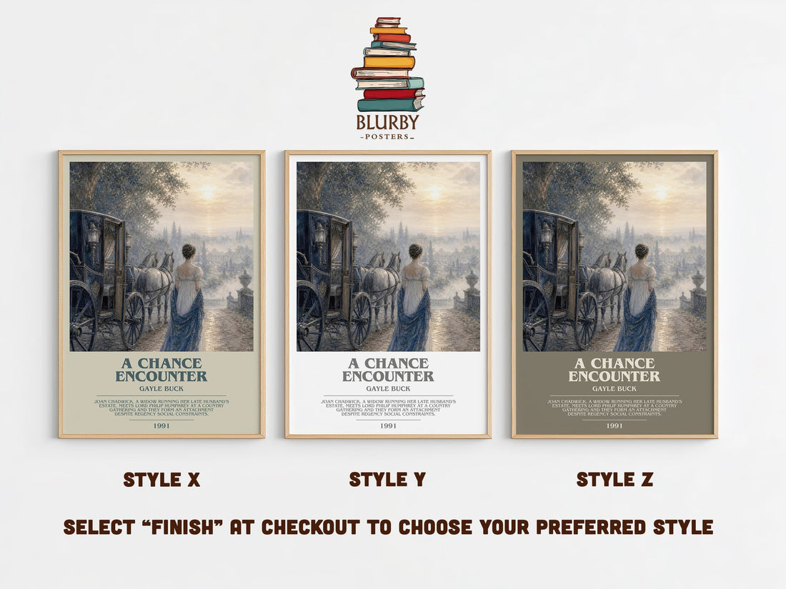 A Chance Encounter bookish print in frame leaning in hallway – romance wall art (mockup)