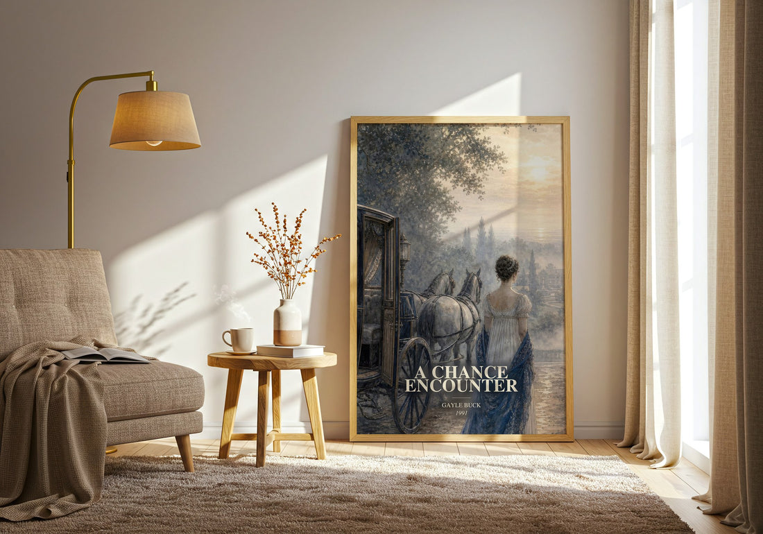 A Chance Encounter watercolour print in frame leaning in hallway – romance wall art